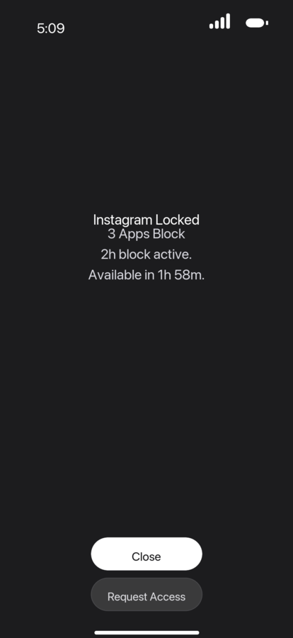 Instagram is locked by Monk Mode while a two-hour app block is active.
